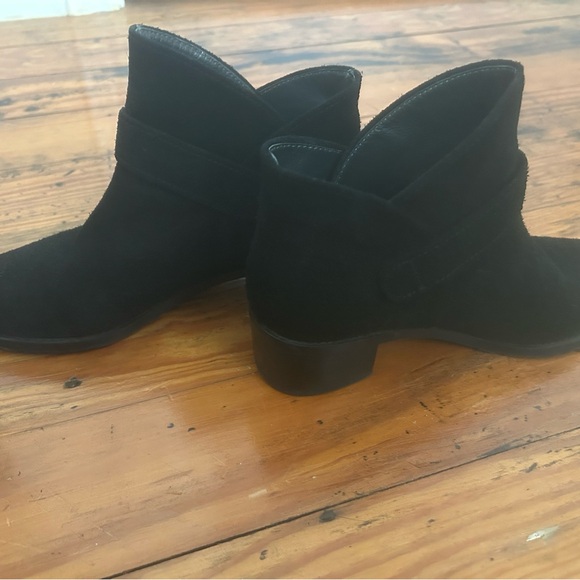 Stuart Weitzman Suede Black Bootie with Black Gunmetal Buckle, Block Heel, 5. - Picture 7 of 14